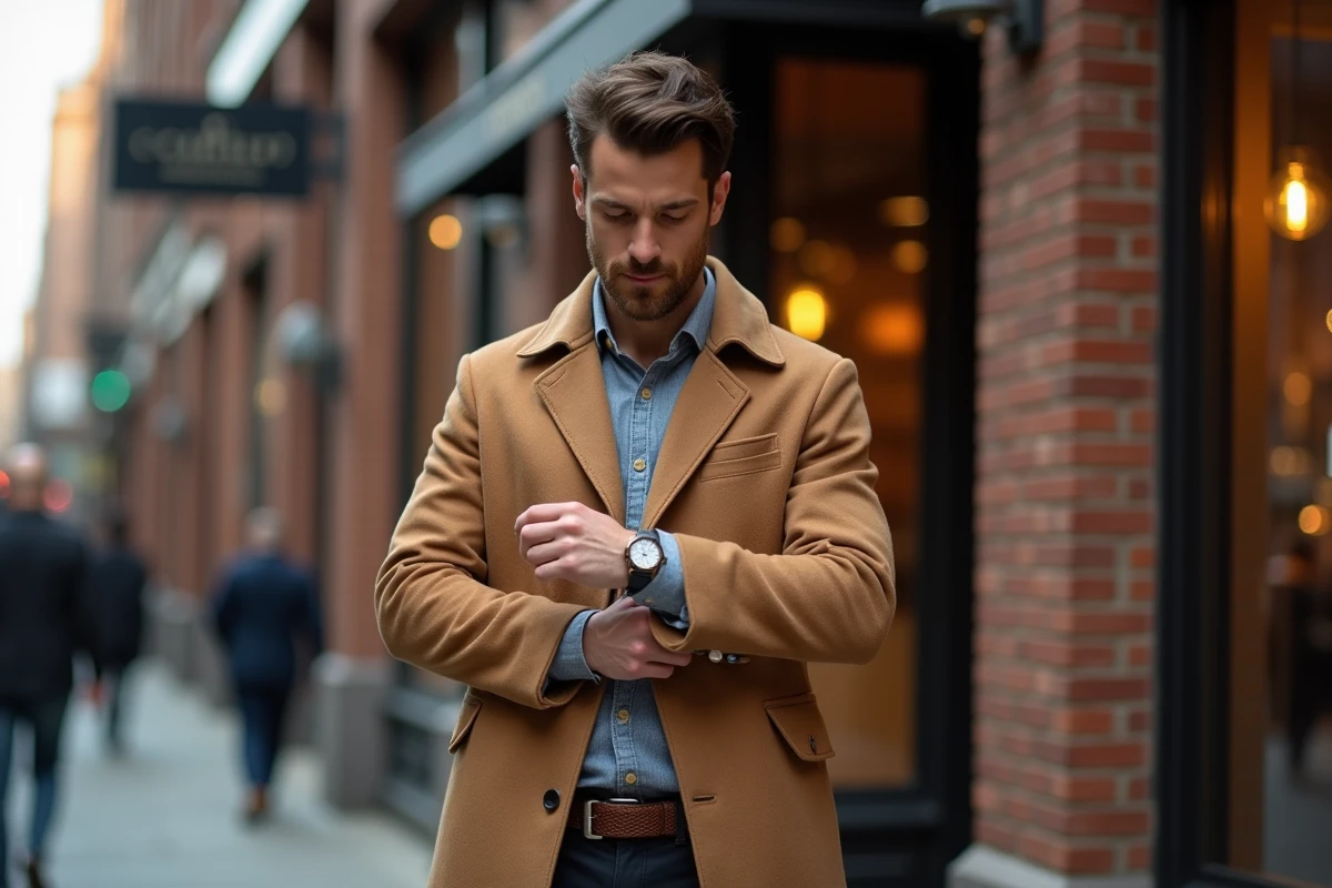 Homme élégant en manteau camel ajustant une montre en acier et une ceinture en cuir tressé devant une boutique urbaine