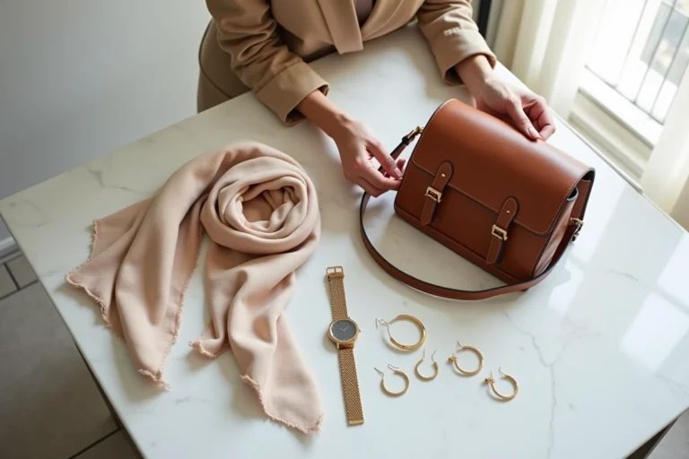 Femme arrangeant une sélection d'accessoires tendance sur marbre blanc, incluant sac en cuir, montre dorée et foulard en soie