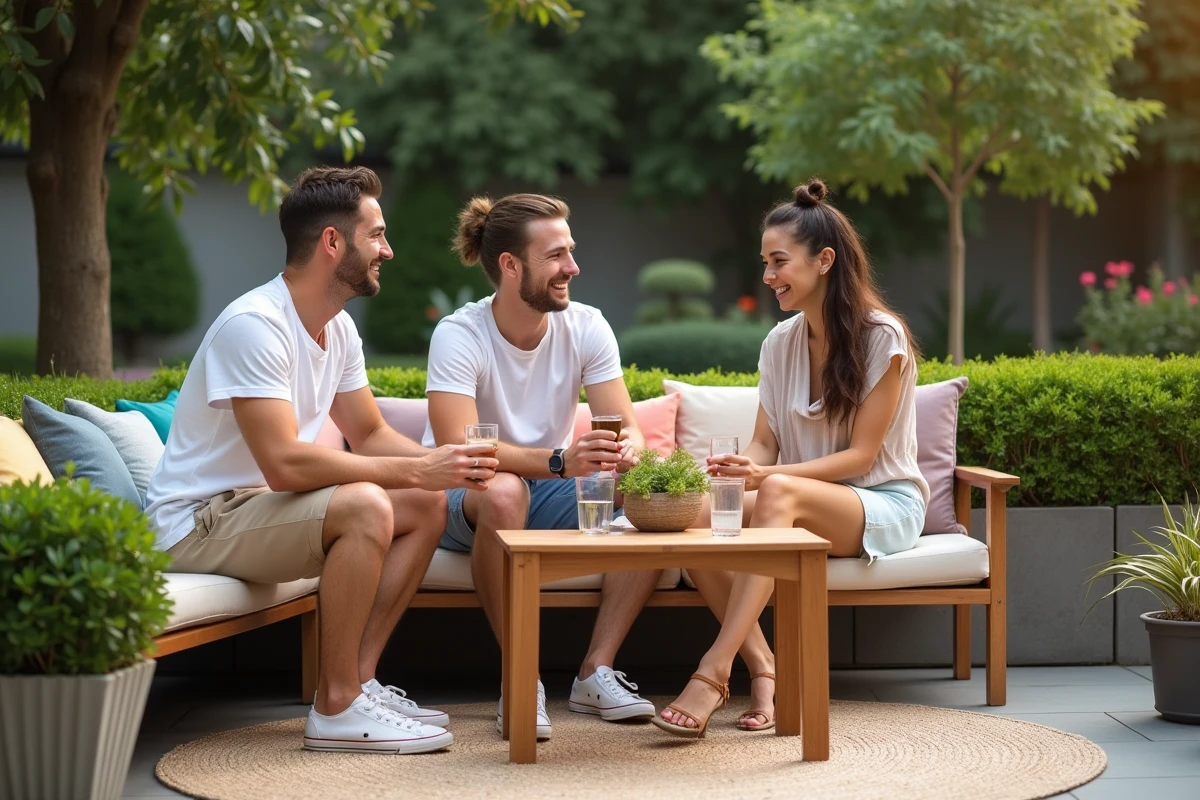 Trois amis partageant un verre sur un patio extérieur