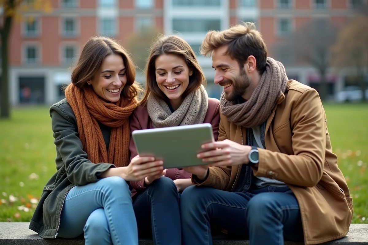 Trois amis regardant un match de football dans un parc urbain