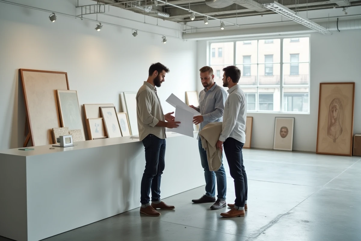 Artiste et consultant discutant du plan d'accrochage et des coûts d'une exposition en galerie
