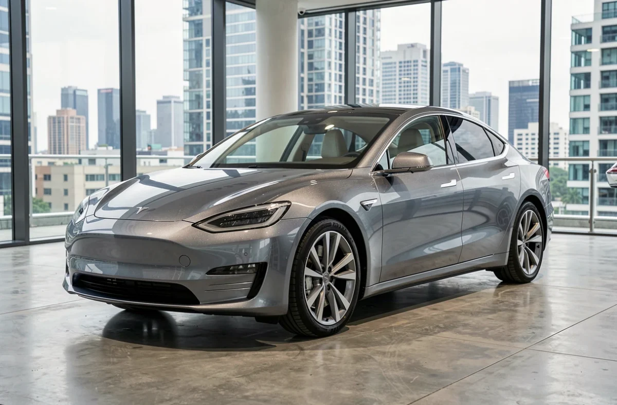 Berline électrique moderne exposée dans un showroom automobile contemporain avec carrosserie aérodynamique et finitions minimalistes