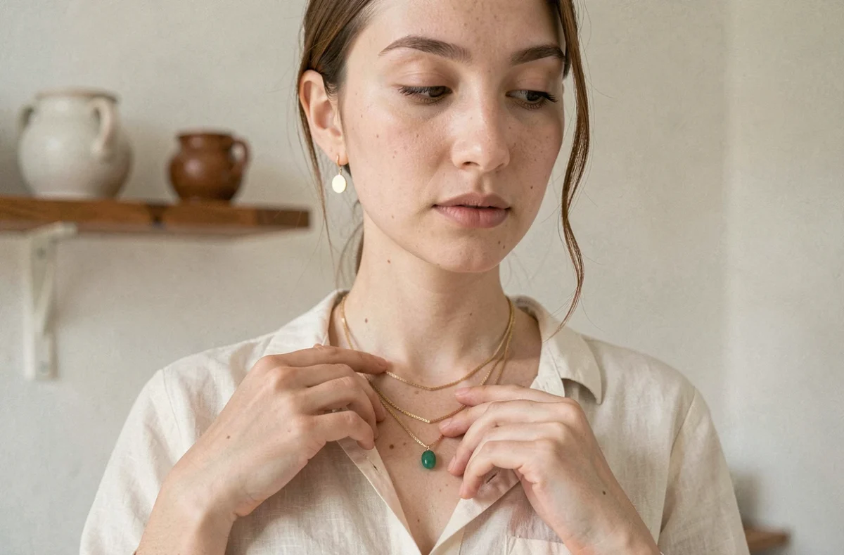 Jeune femme européenne portant des bijoux coréens minimalistes en or avec pendentif jade dans un appartement parisien