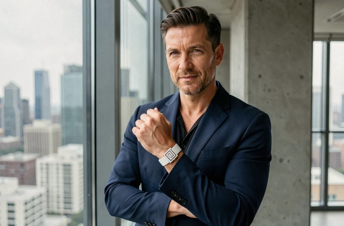 Homme en blazer marine portant un bracelet or blanc géométrique au poignet, décor appartement urbain contemporain