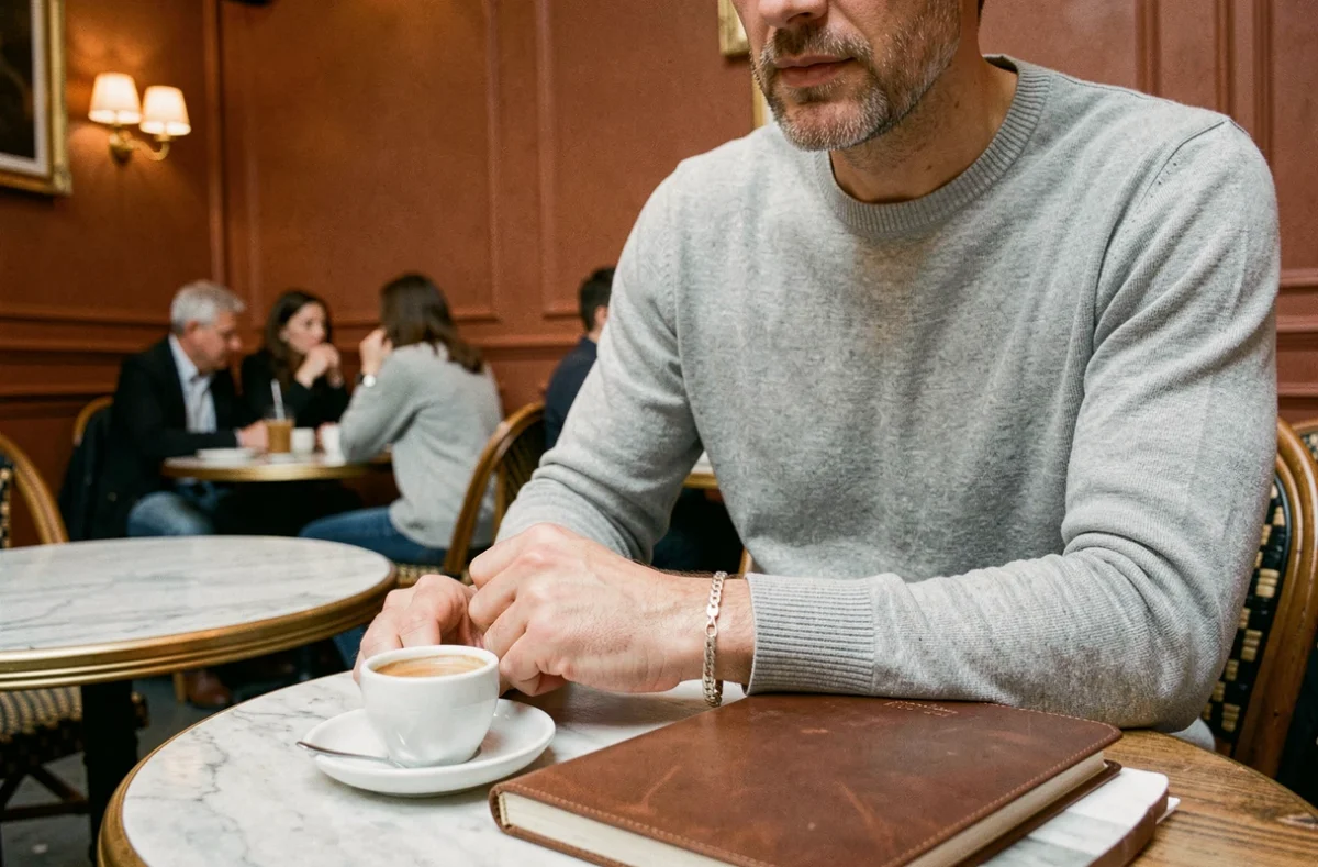 Homme décontracté avec bracelet en or blanc chaîne fine au poignet, attablé dans un café parisien avec carnet et espresso