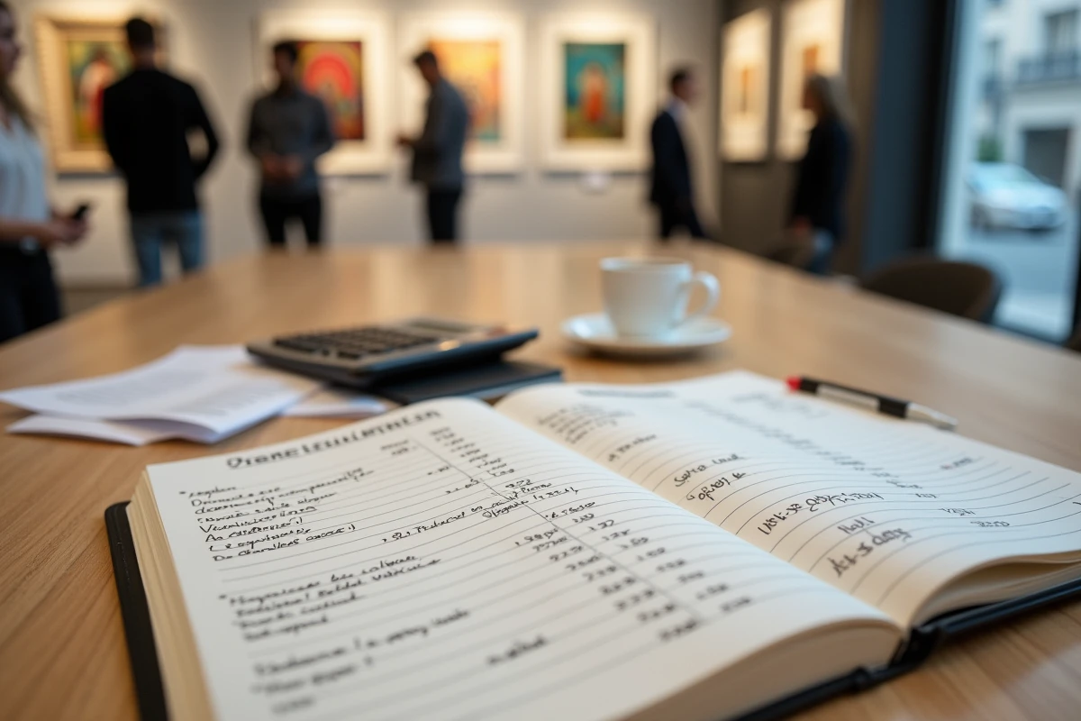 Carnet de budget ouvert avec estimations de coûts pour une exposition en galerie d'art