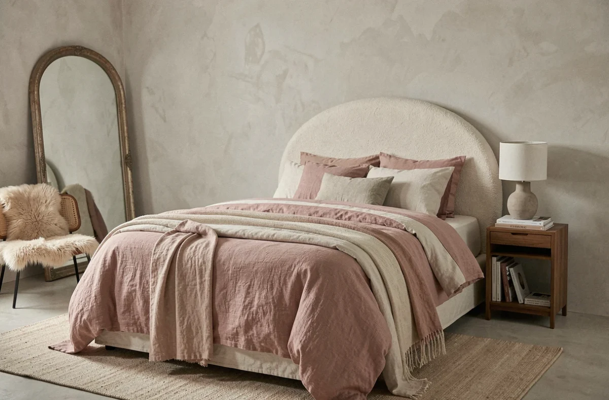Chambre cocooning tendance avec tête de lit boucle, linge de lit en lin rose poudré et mur en badigeon gris beige