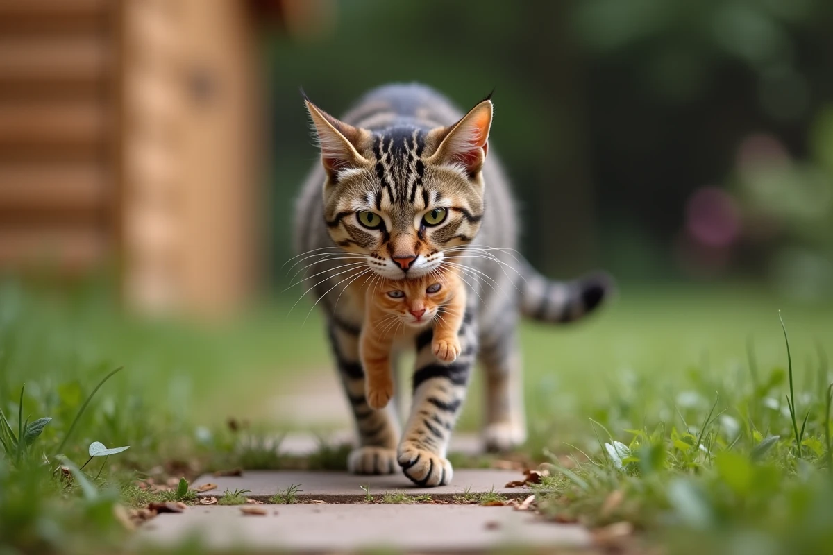 Chatte tigrée avec un petit chat orange en extérieur