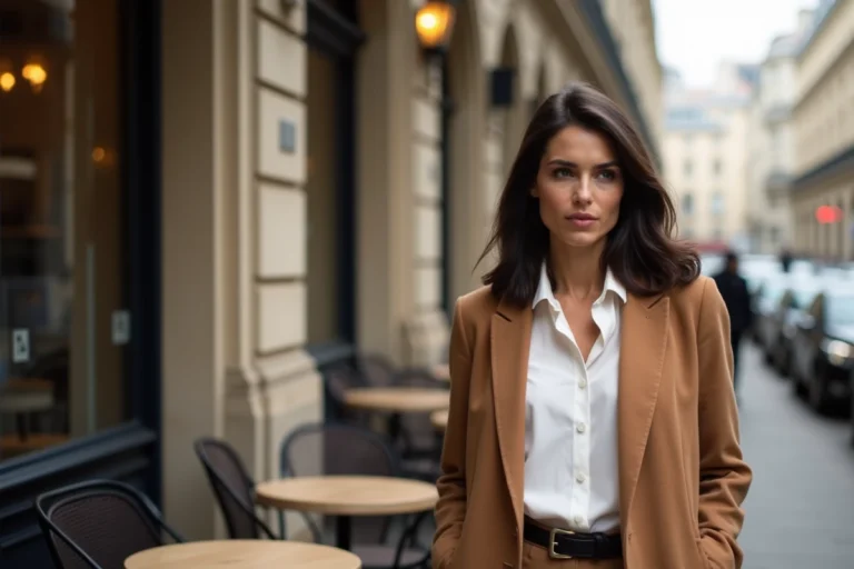 Femme élégante et discrète à la terrasse d'un café parisien, évoquant le style de la compagne de Patrick Bruel, Clémence Cherier