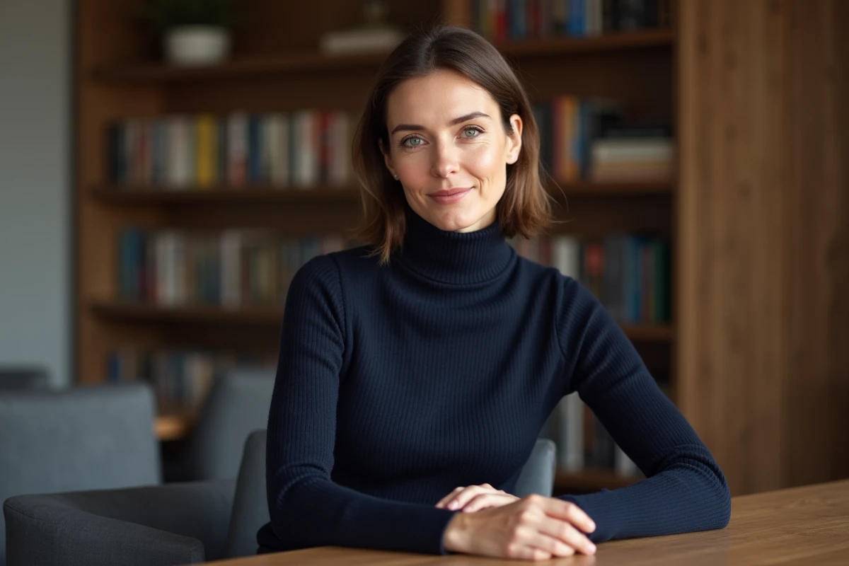Portrait intimiste d'une femme française élégante et réservée dans un intérieur moderne, illustrant la discrétion de Clémence Cherier