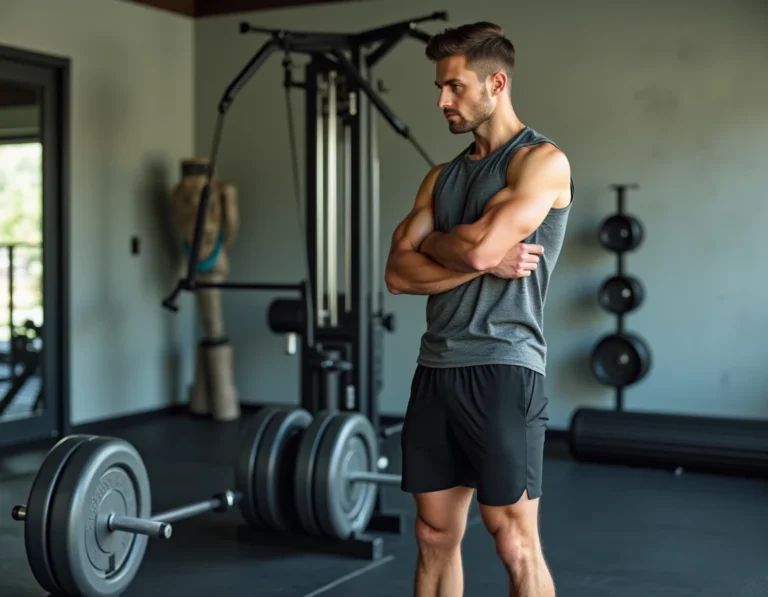 Homme comparant différents appareils de musculation dans une salle de sport à domicile moderne en 2025