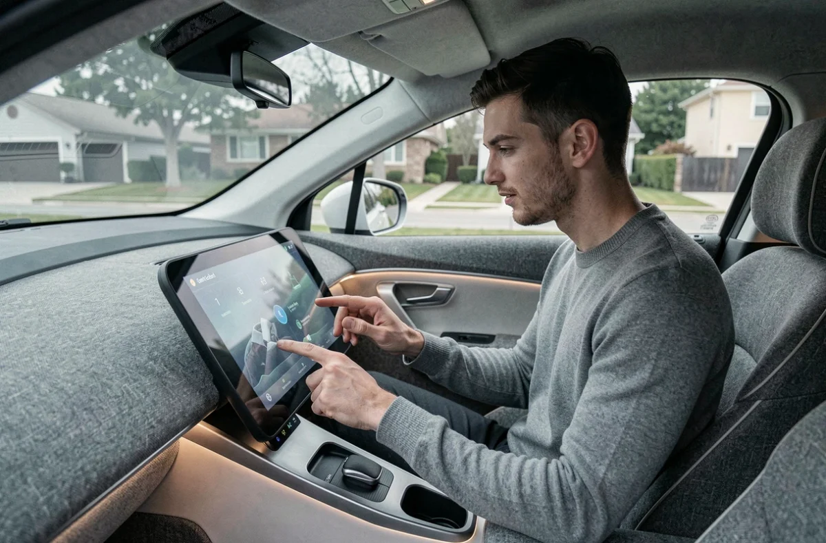 Homme interagissant avec le tableau de bord tactile futuriste d'un véhicule autonome nouvelle génération à intérieur minimaliste