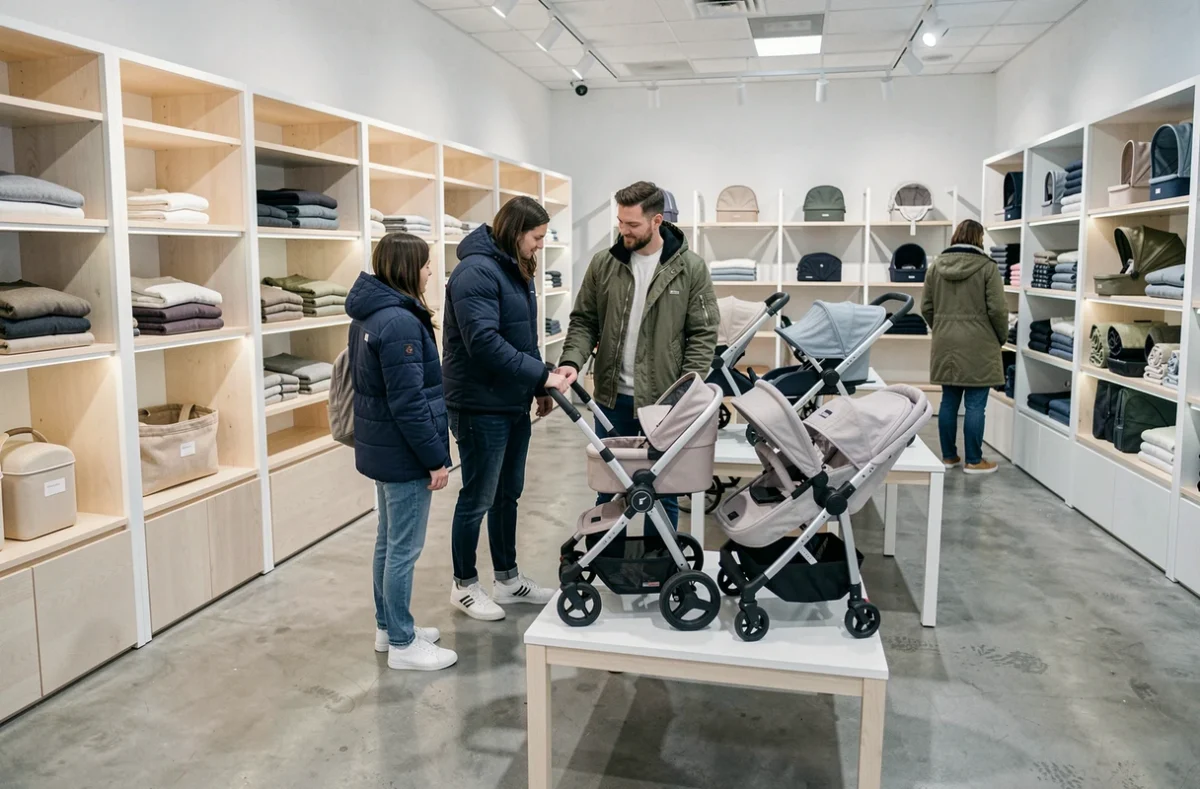 Couple de parents choisissant une poussette légère dans une boutique moderne de puériculture