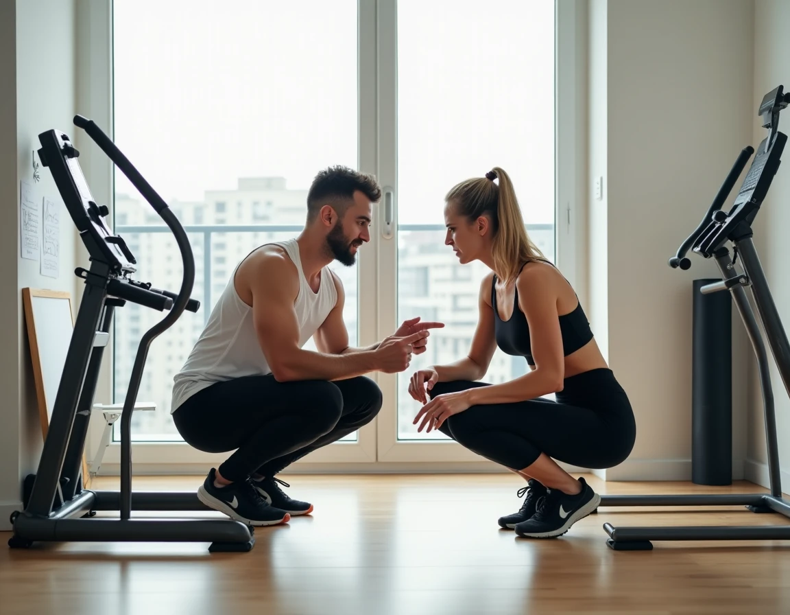 Couple comparant trois appareils de musculation compacts dans un espace fitness aménagé à domicile