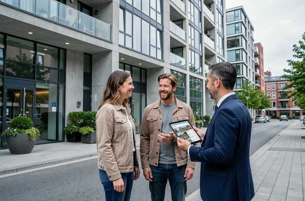 Couple visitant un appartement moderne avec un agent immobilier utilisant une tablette numérique