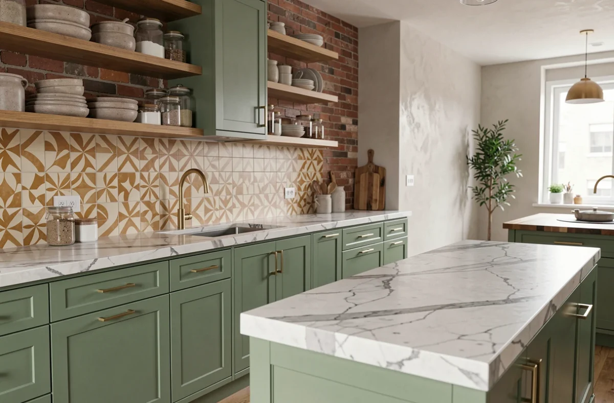 Cuisine moderne tendance avec façades vert sauge, plan de travail en marbre Calacatta et étagères ouvertes en bois naturel