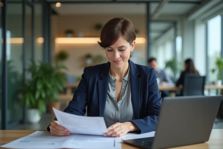 Femme active cumulant emploi et démarches administratives chômage à son bureau en open space