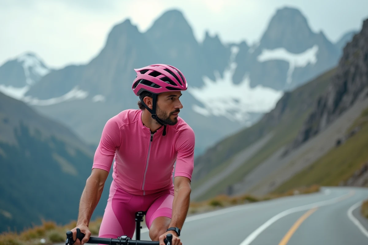 Cycliste en maillot rose au repos sur un col alpin lors d'un Grand Tour avec panorama montagneux en arrière-plan
