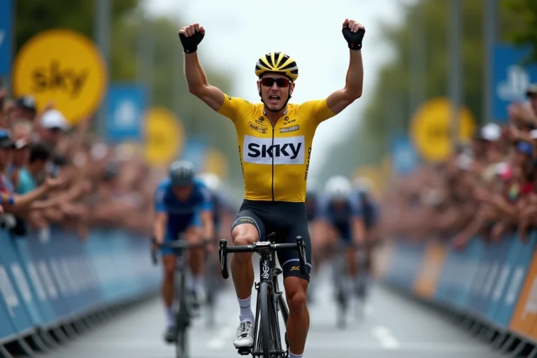 Cycliste professionnel franchissant la ligne d'arrivée bras levés lors d'un Grand Tour cycliste devant une foule en délire