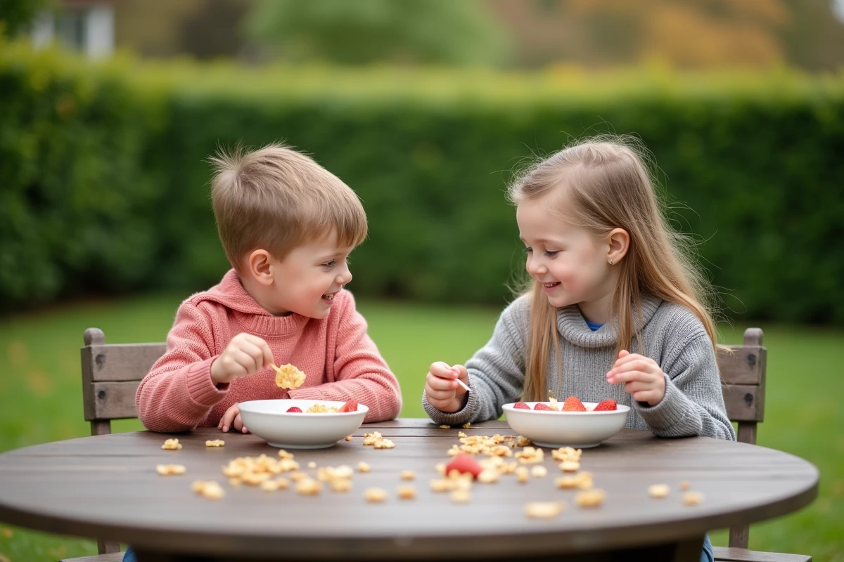 Deux enfants dégustent des cereales dans un jardin en plein air