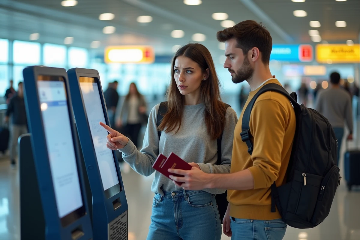 Couple découvrant une erreur de nom sur leur billet d'avion devant une borne d'enregistrement automatique