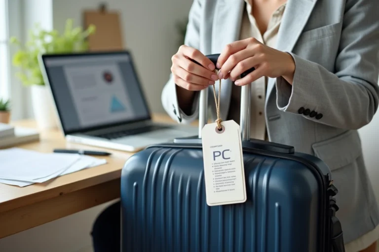 Femme attachant une étiquette bagage imprimée en PDF à une valise bleue sur un bureau en bois à domicile