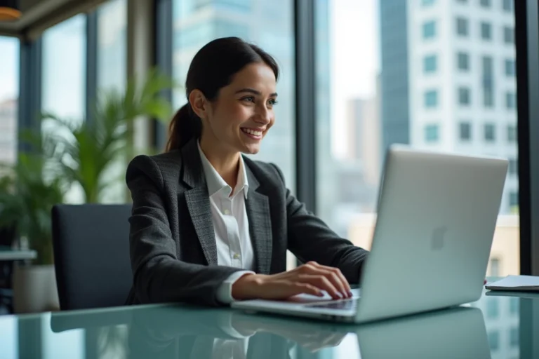 Femme d'affaires souriante analysant des graphiques en bureau lumineux