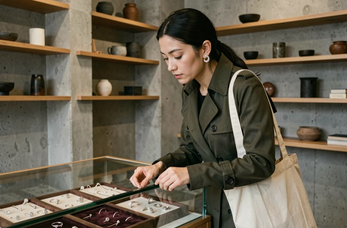 Femme dans une boutique indépendante européenne examinant des bijoux d'inspiration coréenne sur un présentoir en velours
