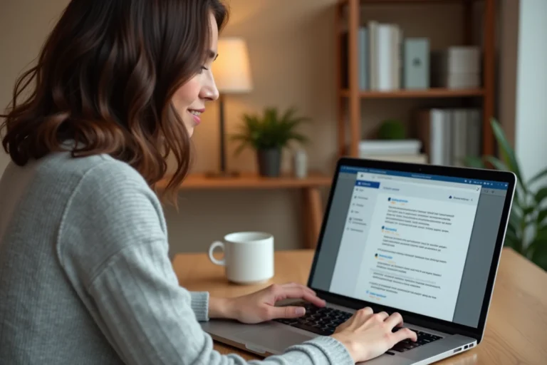Femme consultant ses messages dans l'espace membre d'un site d'annonces en ligne sur un ordinateur portable