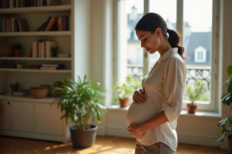 Femme enceinte élégante dans un appartement parisien, posant avec une main sur le ventre dans une atmosphère douce et intimiste