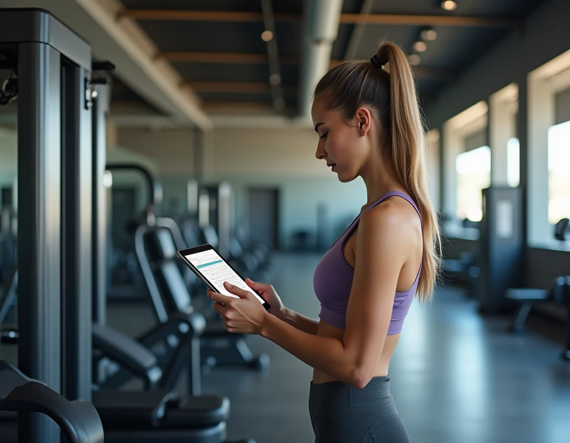 Femme évaluant un appareil de musculation multifonction en salle avec une tablette de comparaison