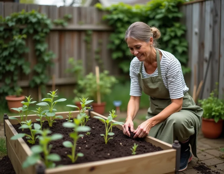 Femme jardinière en train de repiquer des semis dans un carré de jardin surélevé au printemps