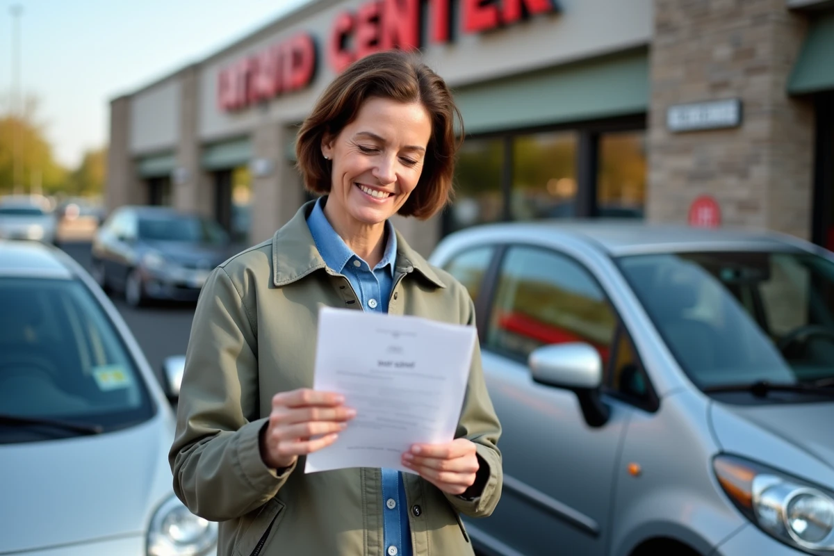 Femme lisant document auto dans parking extérieur