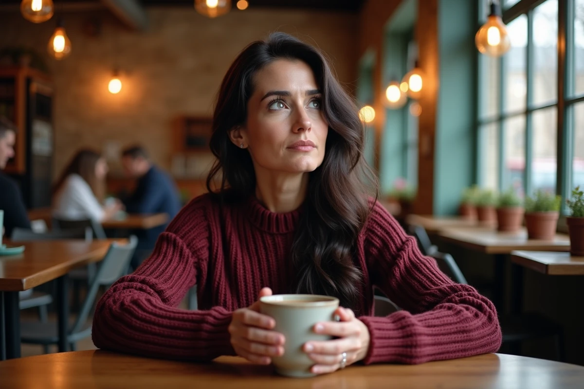 Femme pensive assise dans un café parisien avec une tasse en céramique, ambiance cosy et intimiste dans une brasserie rustique