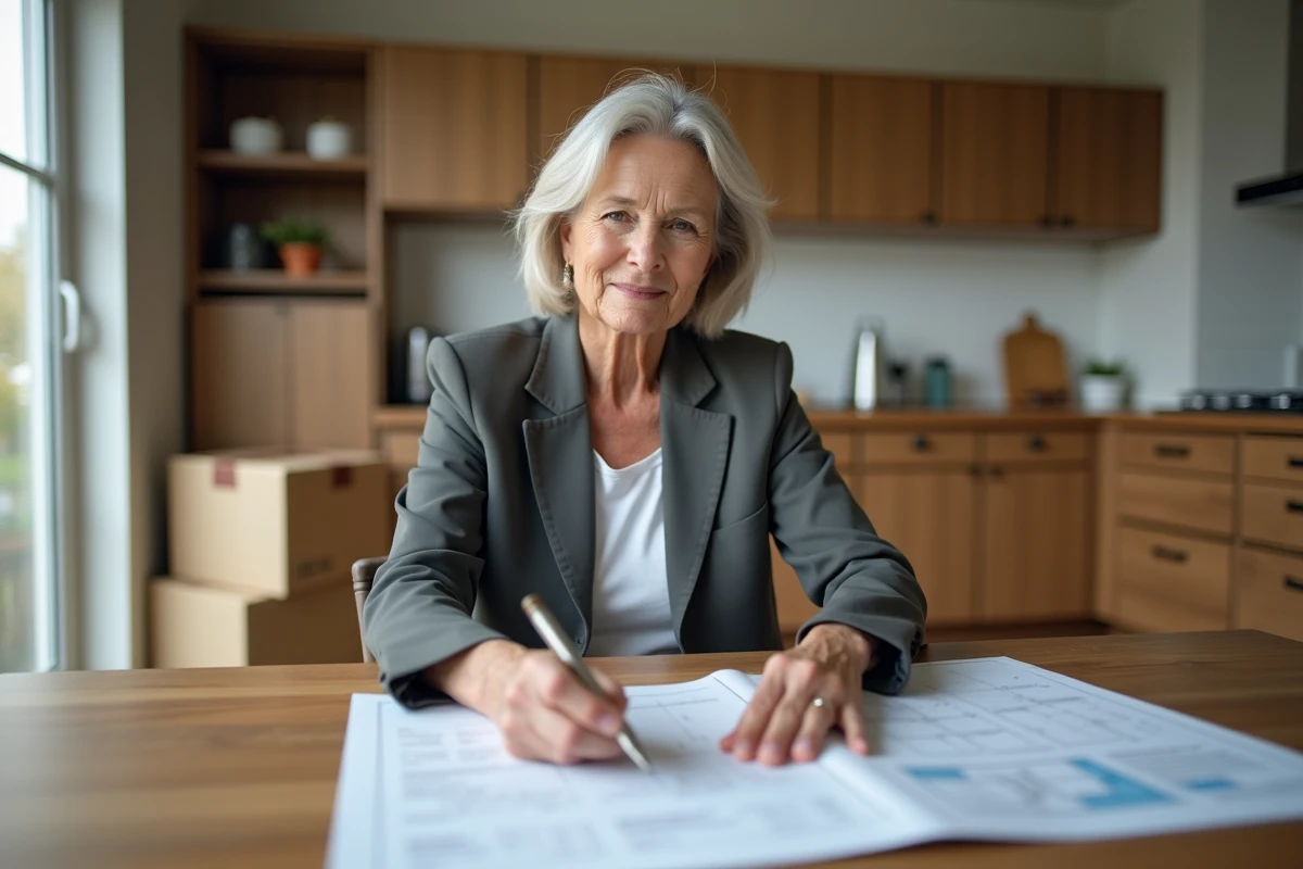 Femme vérifiant plans de déménagement dans sa cuisine
