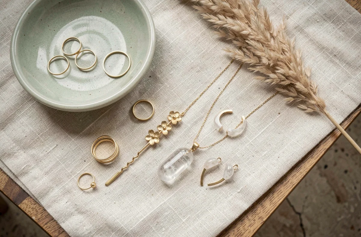 Flat-lay de bijoux d'inspiration coréenne minimalistes sur tissu lin avec céramique céladon et herbes séchées