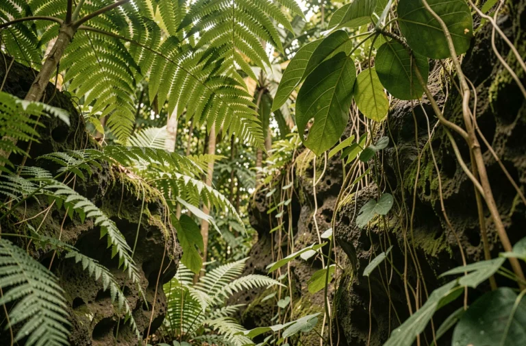 Forêt tropicale dense en Guadeloupe sans serpents, végétation luxuriante et roches volcaniques recouvertes de fougères