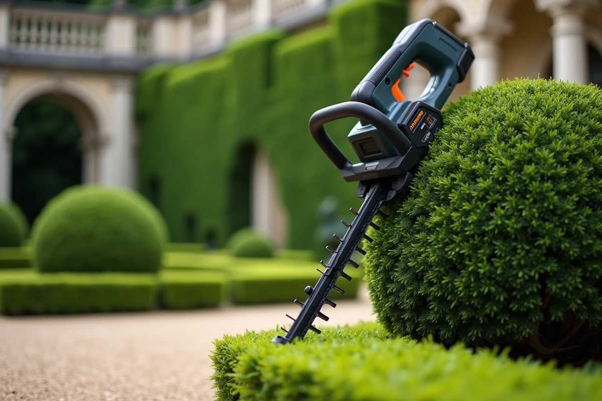 Gros plan d'un taille-haie sans fil professionnel appuyé contre un buis taillé en sphère dans un jardin à la française