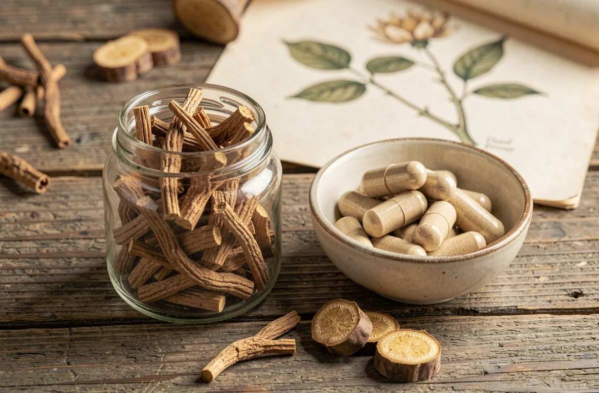 Racines séchées d'harpagophytum et gélules naturelles sur une table en bois, complément alimentaire pour chien contre la douleur