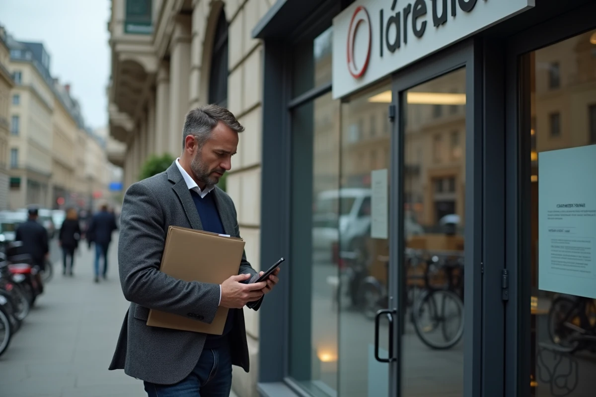 Homme devant une agence France Travail tenant des documents pour cumuler emploi et allocations chômage