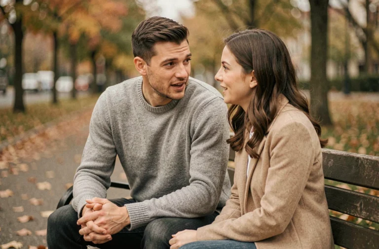 Un homme amoureux se confie à une femme sur un banc de parc en automne, regard sincère et posture ouverte