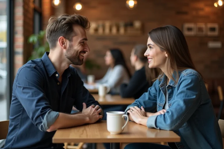 Un homme appelle une femme par son prénom dans un café, regard intense et attentionné lors d'une conversation intime