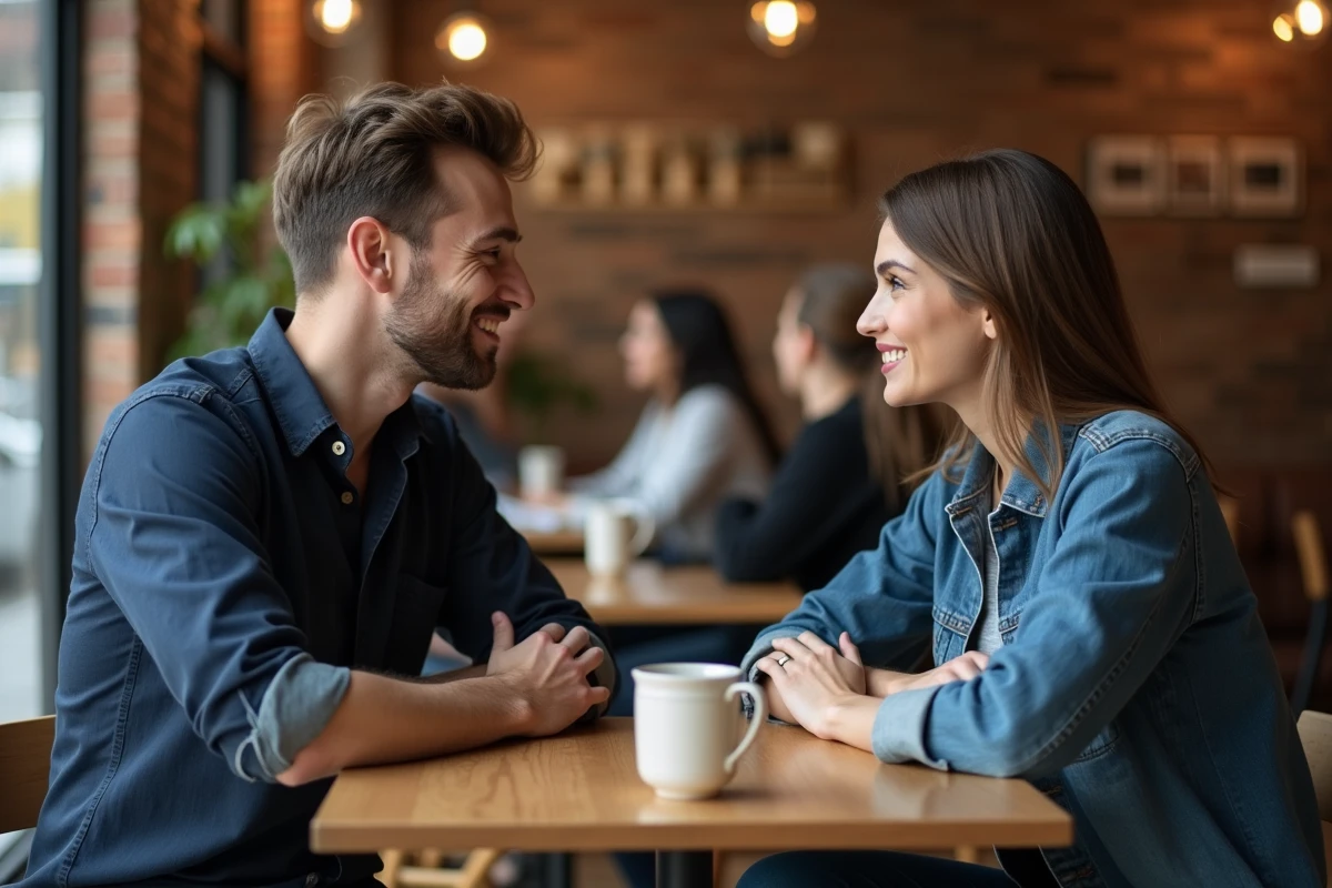 Un homme appelle une femme par son prénom dans un café, regard intense et attentionné lors d'une conversation intime