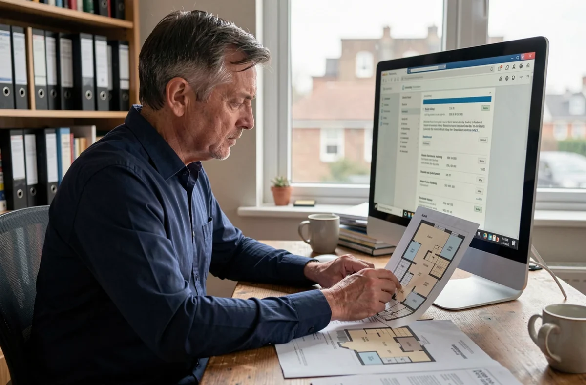 Homme comparant des annonces immobilières sur ordinateur avec des plans d'appartement imprimés