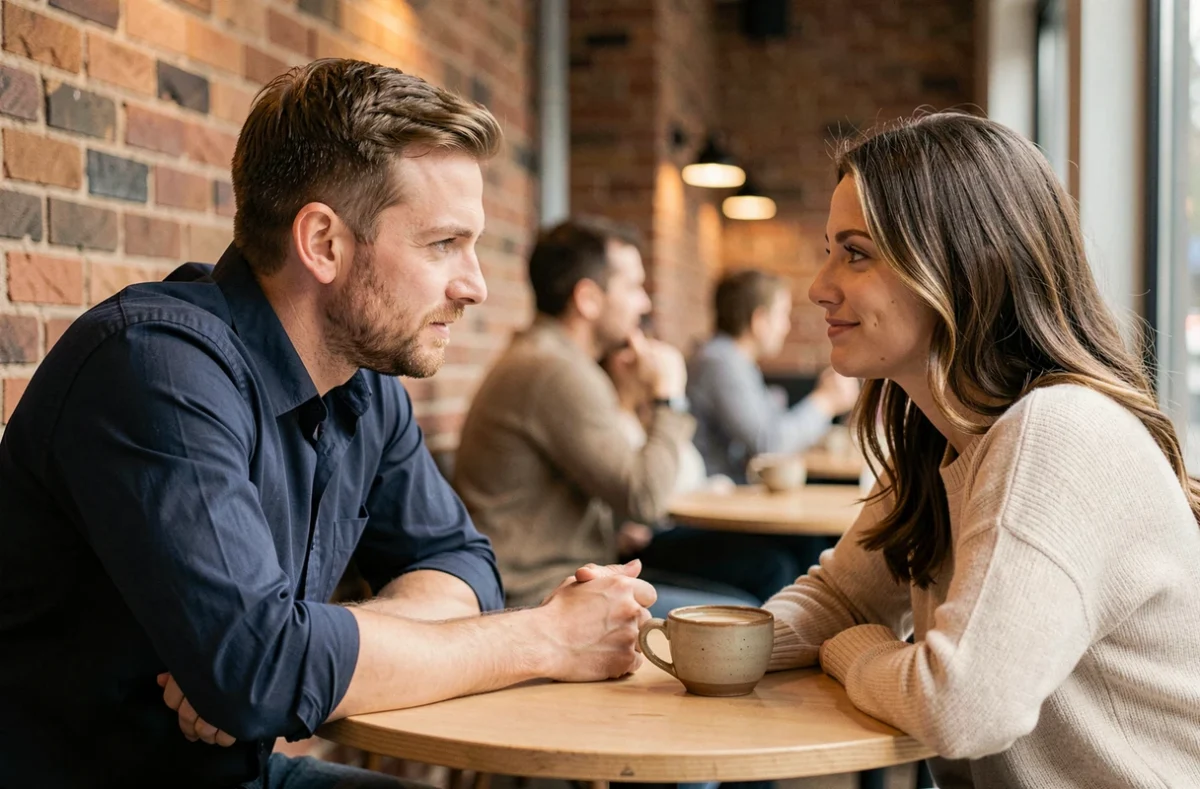 Couple dans un café, homme confiant ses sentiments à une femme avec un regard sincère et attentif