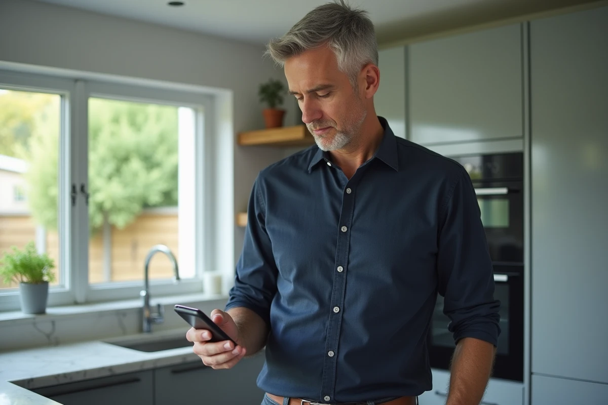 Homme gérant ses messages sur smartphone dans l'espace personnel d'un site d'annonces comme Wannonce