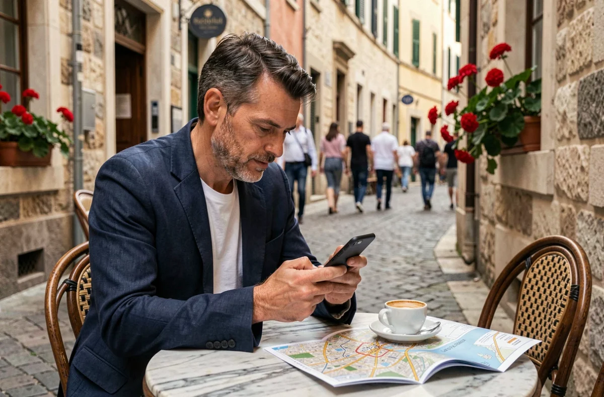 Homme organisant ses vacances sur mesure depuis un café en Europe avec smartphone et carte papier