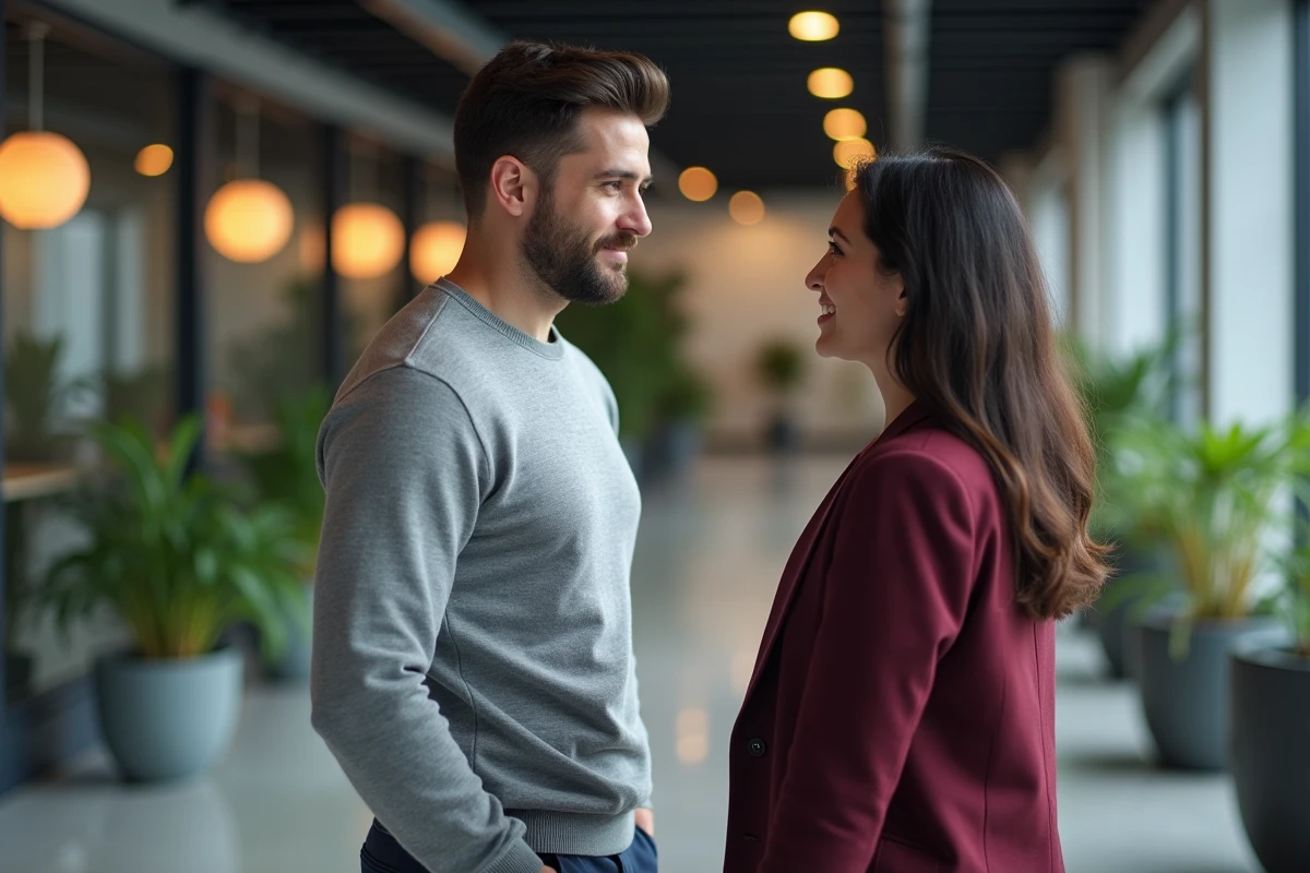 Collègue masculin interpellant une femme par son prénom dans un couloir de bureau moderne, communication non verbale significative