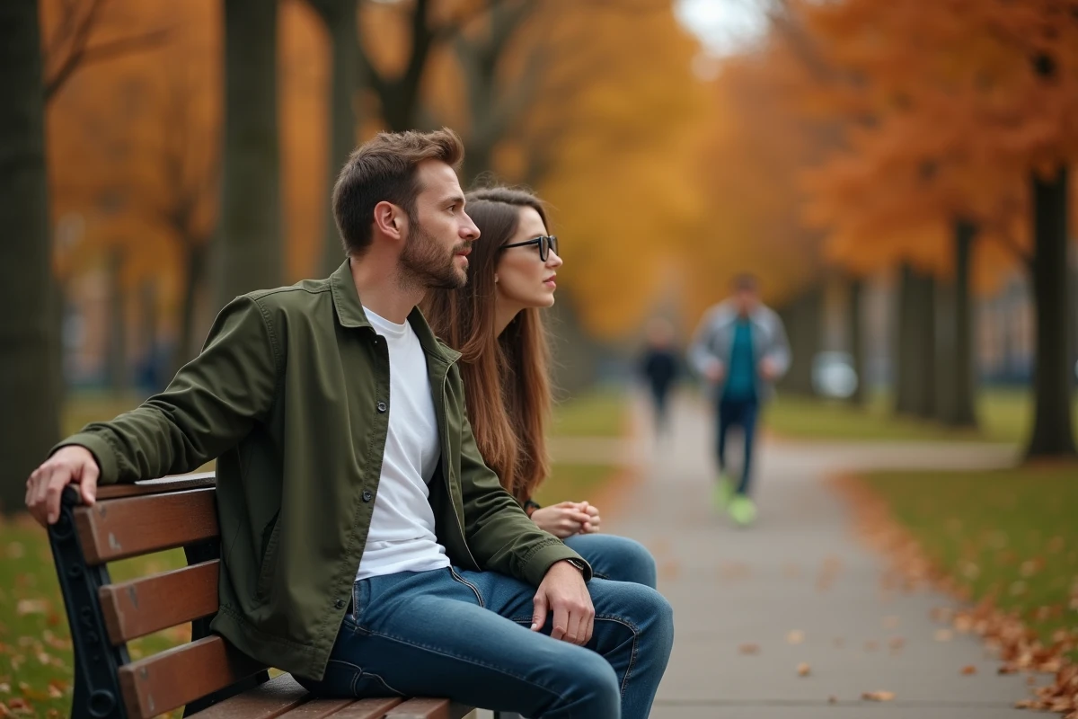 Un homme prononçant le prénom d'une femme sur un banc de parc en automne, moment de connexion émotionnelle et regard sincère