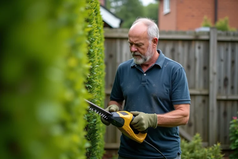 Homme utilisant un taille-haie électrique pour tailler une haie de troène dans un jardin suburban bien entretenu